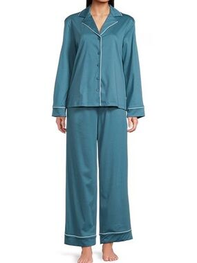 Nottibianche Solid Long Sleeve Notch Collar Button Front Long Knit Pajama Set